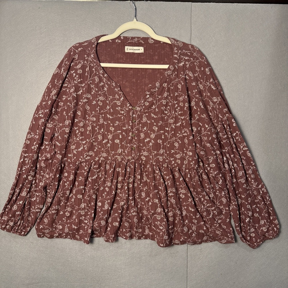 Lucky Brand Floral Boho Peasant Babydoll Tunic Top Rust Ruffle Women's XL